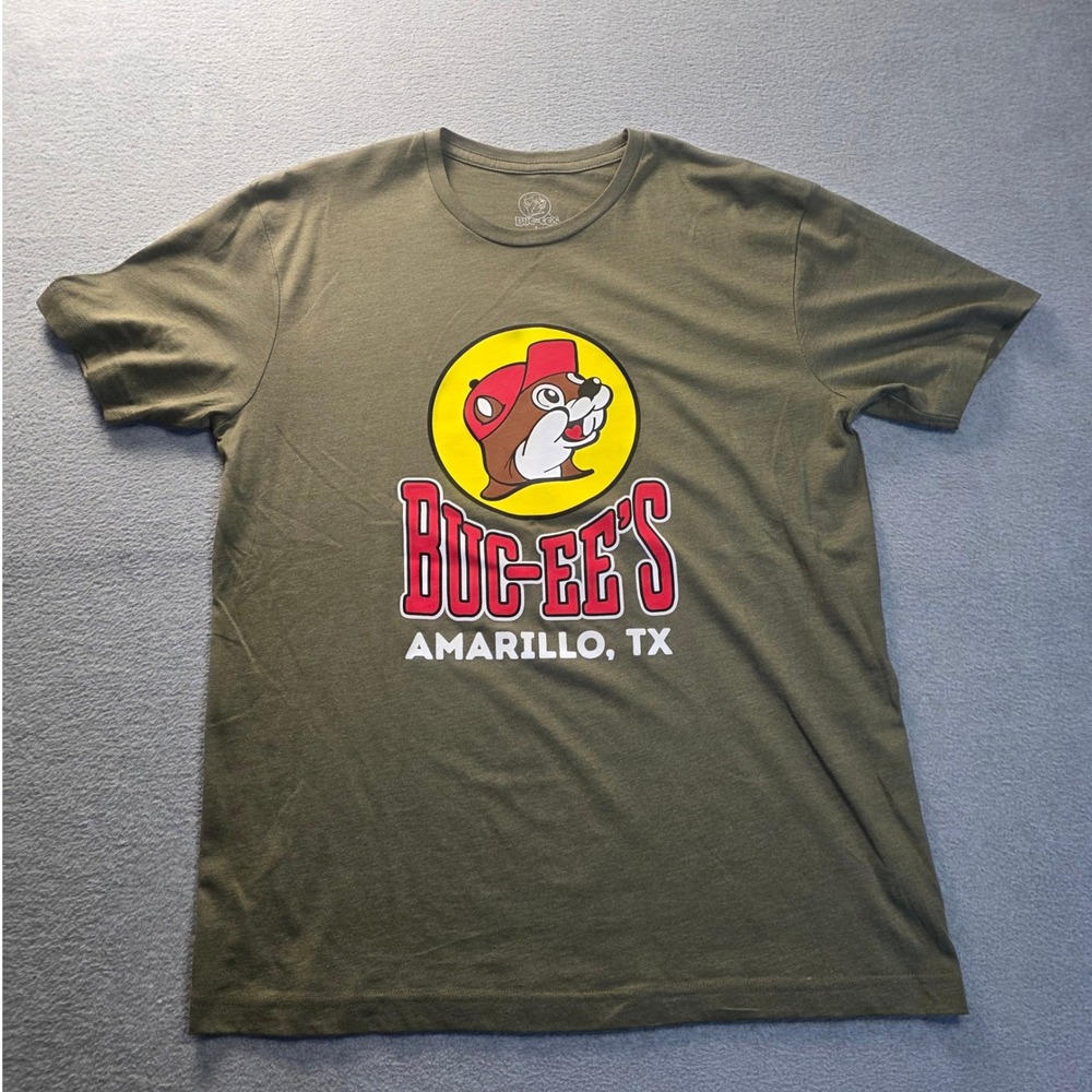 Buc ees Amarillo Texas Shirt Mens Large Olive Green Graphic Beaver Logo Tee
